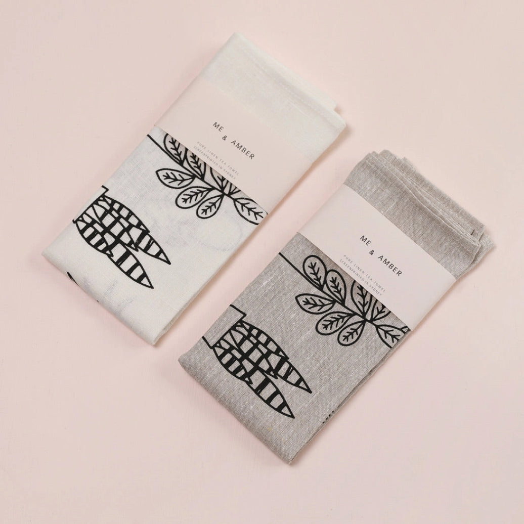 Pot Plants Tea Towel - White Linen