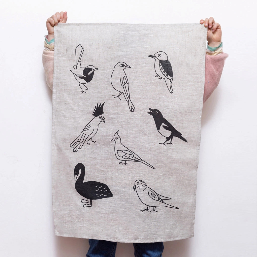 Birds Tea Towel Natural Linen