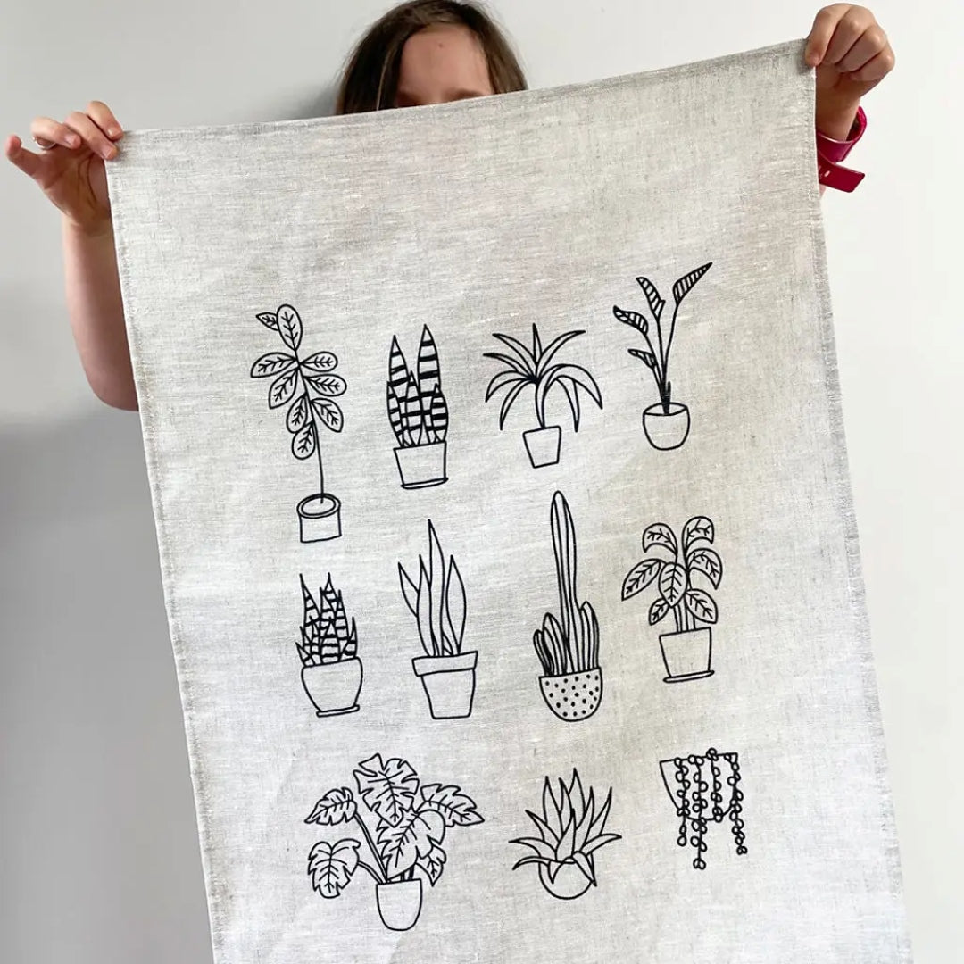 Pot Plants Tea Towel - Natural Linen