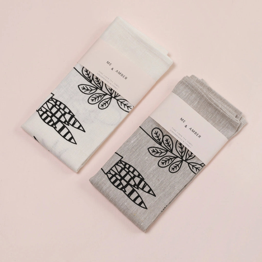 Pot Plants Tea Towel - White Linen