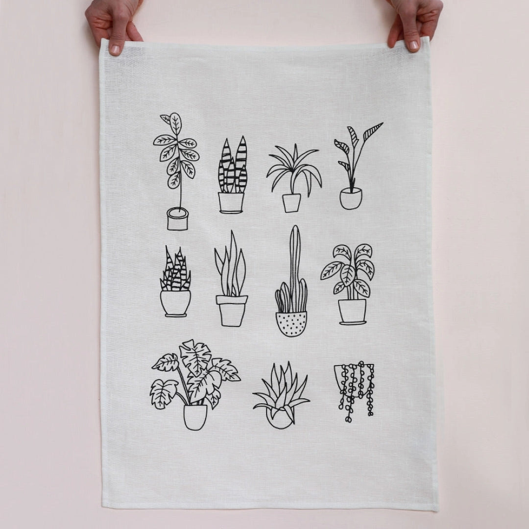 Pot Plants Tea Towel - White Linen