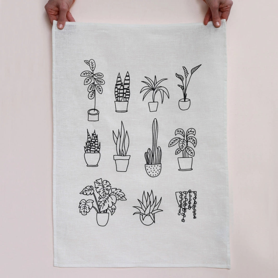 Pot Plants Tea Towel - White Linen